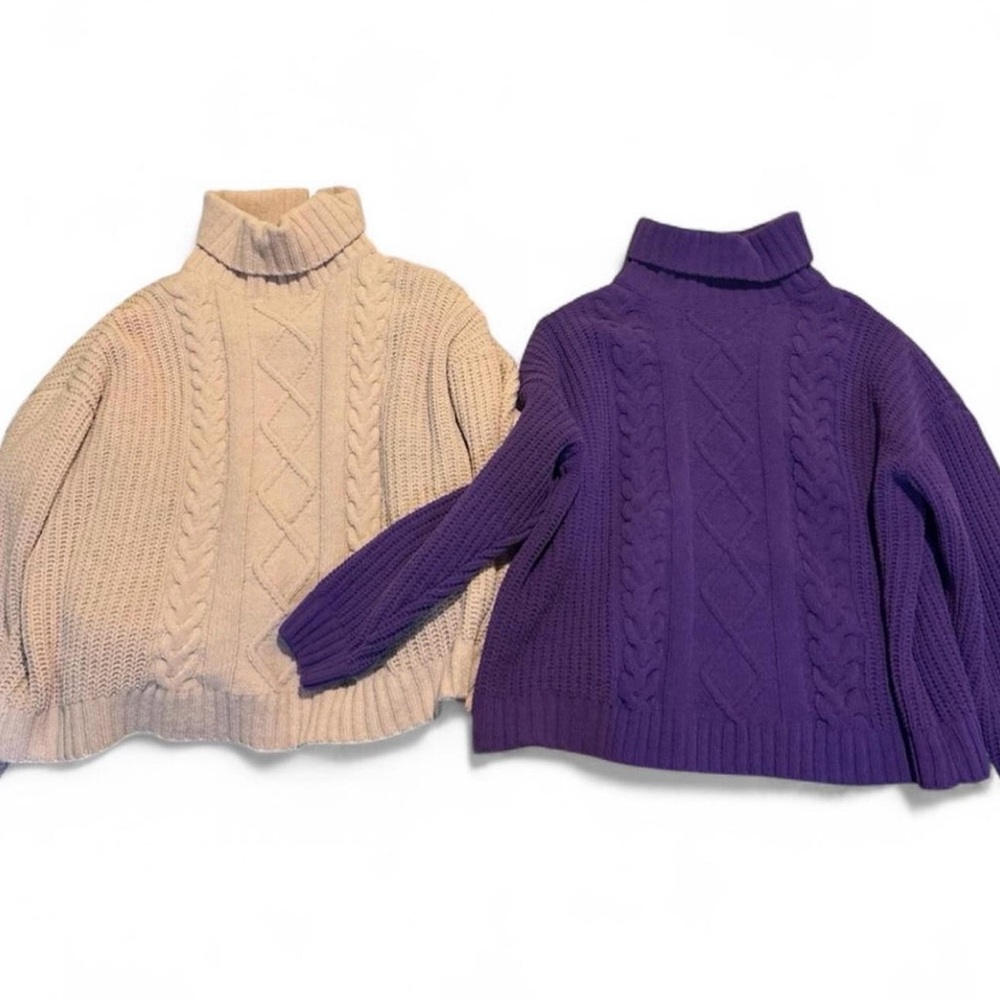 Cozy Cable Knit Turtleneck Sweater - Cream and Purple 2 for 1 Sale